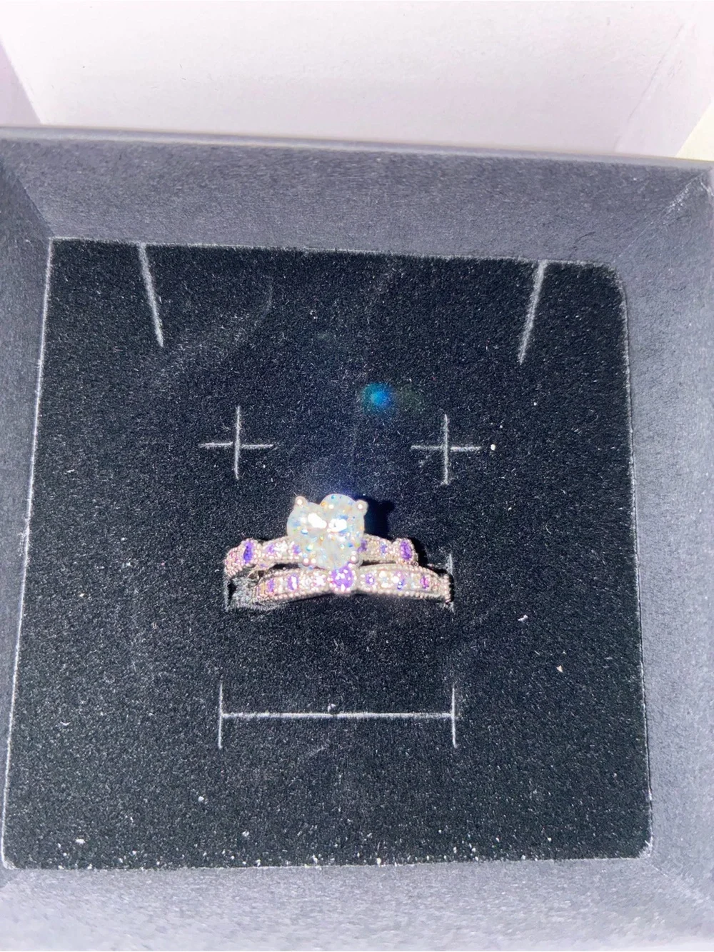 Silver Solitaire Halo Ring with Purple Accent Stones